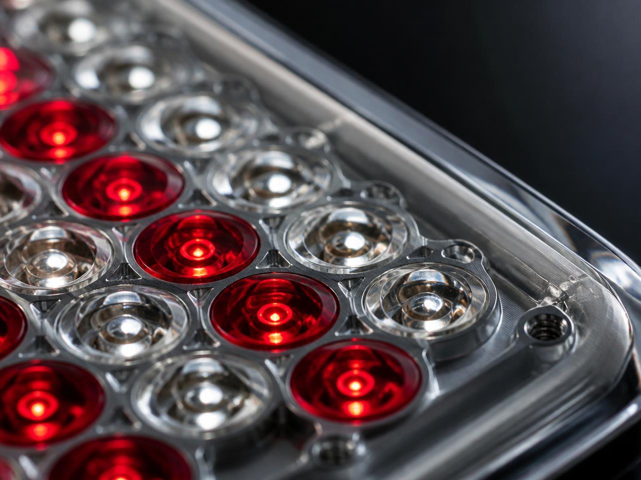 Macro detail of quartz optical panel over stacked red and near-infrared emitters