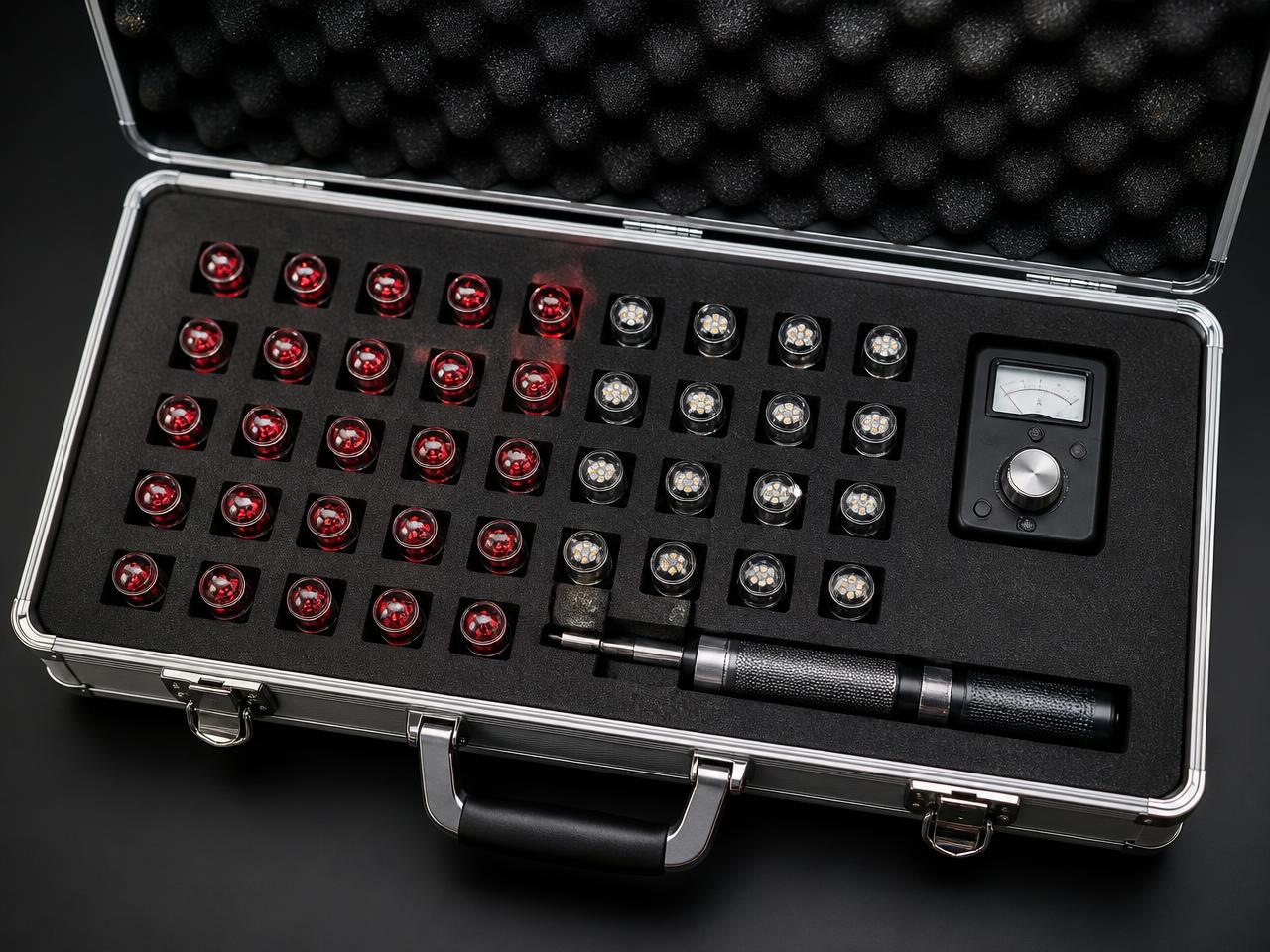 Annual bulb renewal service case with replacement emitter modules and calibration meter