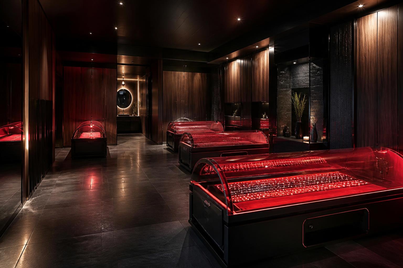 Private AURORA light suite with multiple glowing quartz therapy beds
